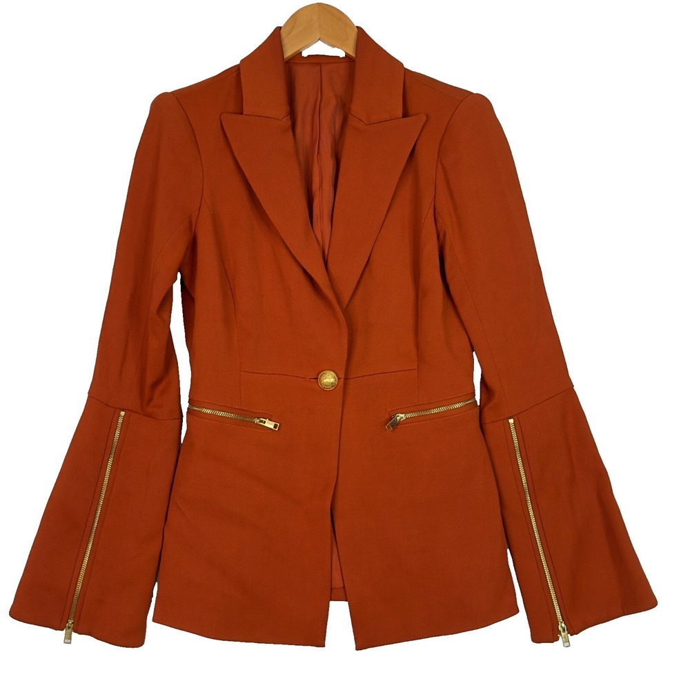 Ramy Brook Womens Blazer 0 Rust Orange Gold Zip Detail Flare Sleeve Jacket - Picture 2 of 16